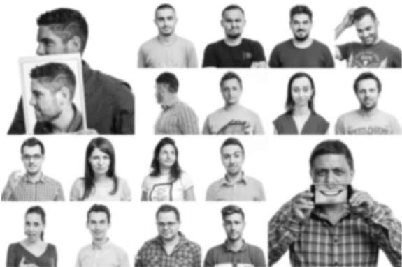 Black & white image of SF AppWorks team, a gallery of founders, developers and QA testers making faces. Concept of app development team